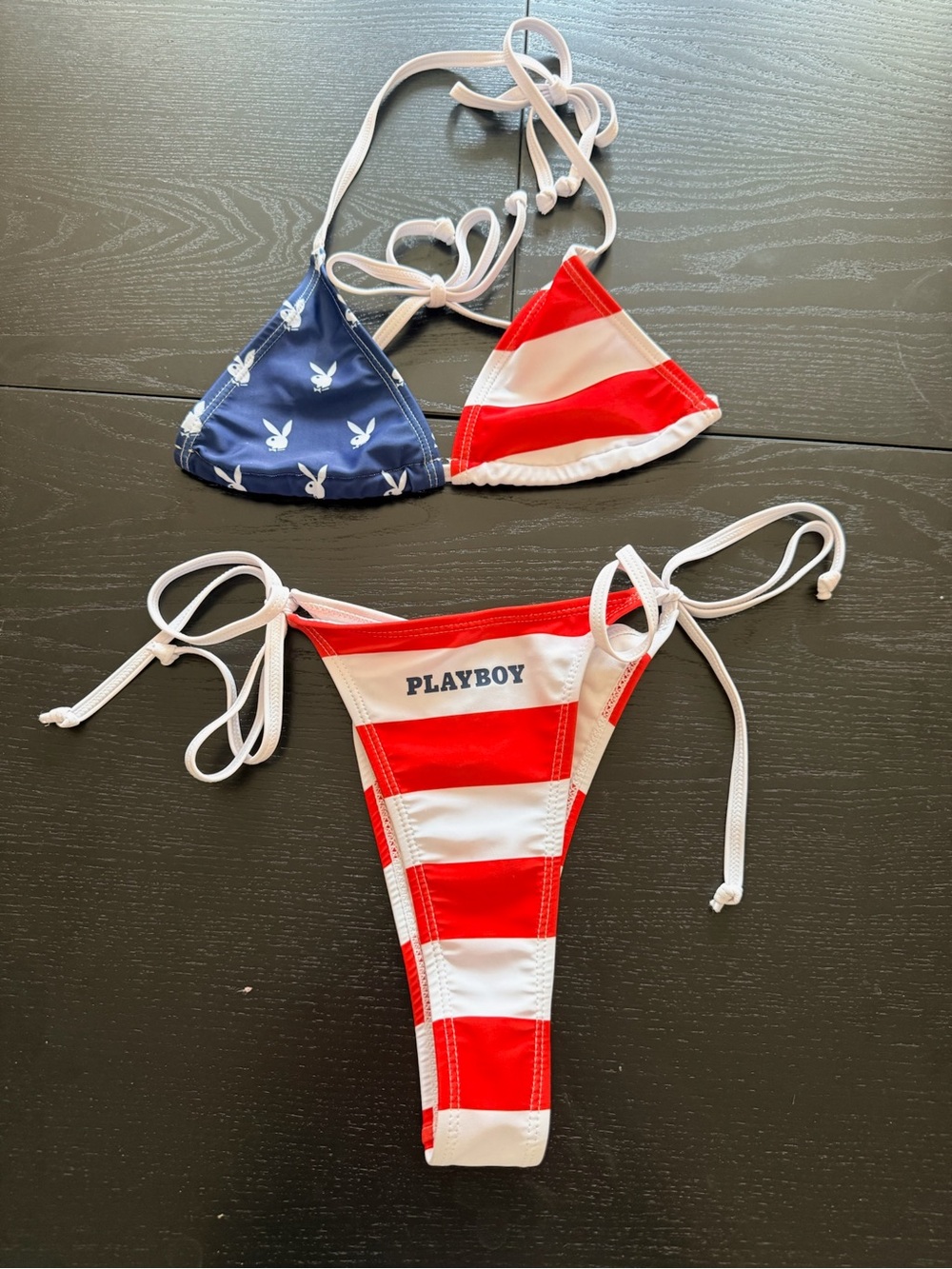 PLAYBOY Red White & Navy Striped Triangle Bikini